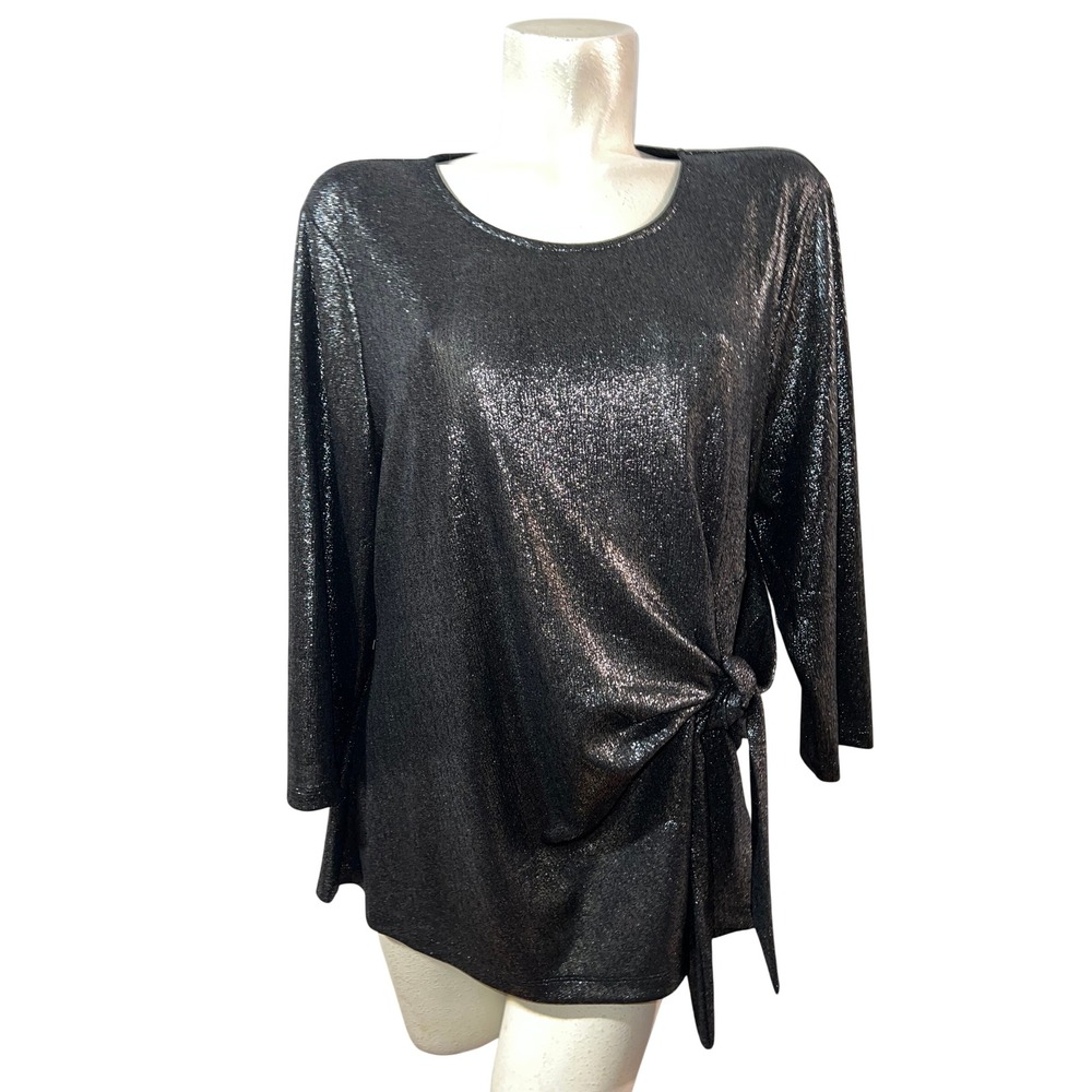 Chicos Top Silver Black Metallic Tie Front Blouse Size XL (3) 3/4 Sleeve Tunic